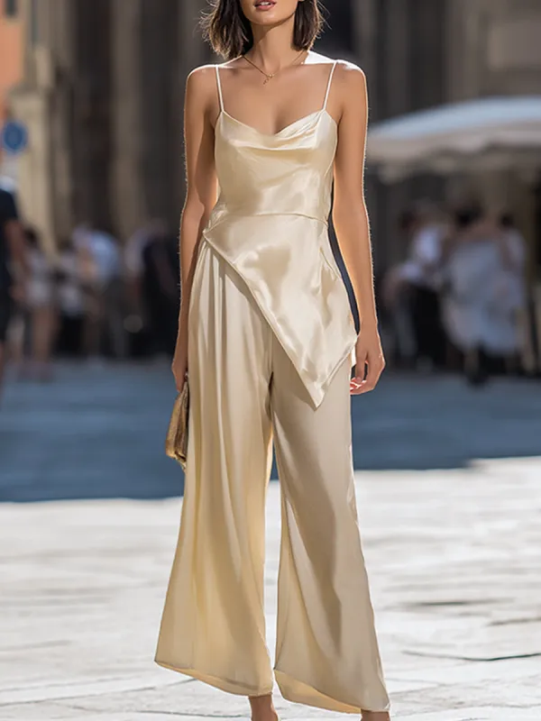 Asymmetrical Draped Satin Cami & Wide-Leg Two-Piece Set made by Mooyius