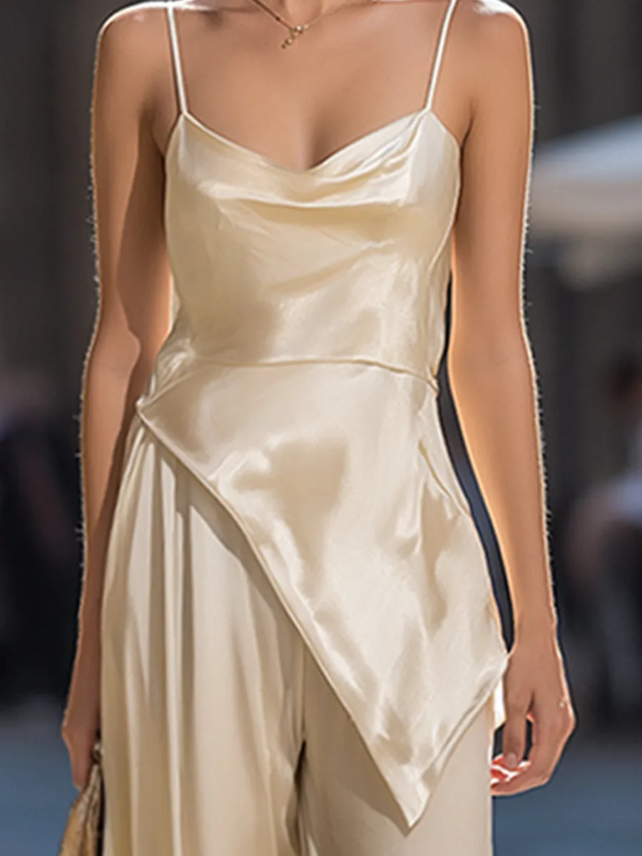 Asymmetrical Draped Satin Cami & Wide-Leg Two-Piece Set sold by Mooyius product image thumbnail 4