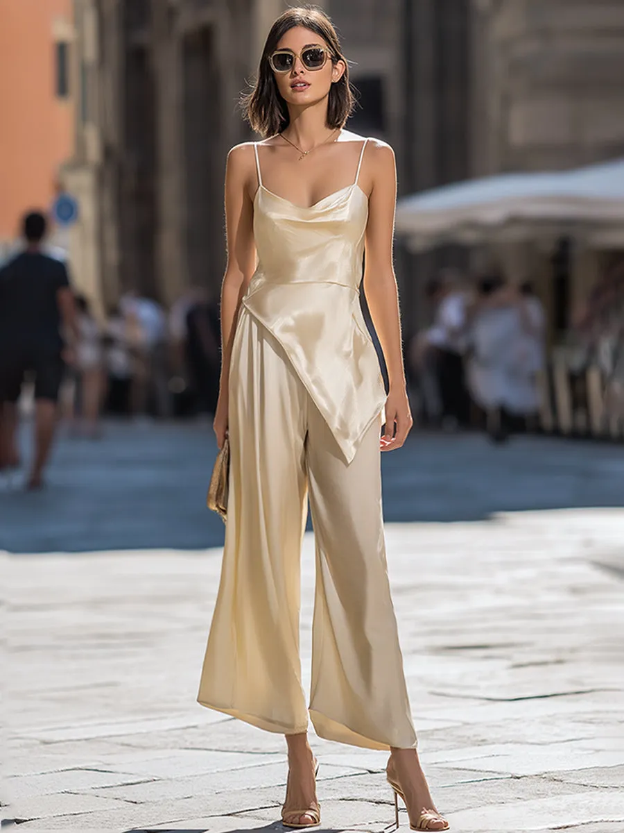 Asymmetrical Draped Satin Cami & Wide-Leg Two-Piece Set sold by Mooyius product image thumbnail 2