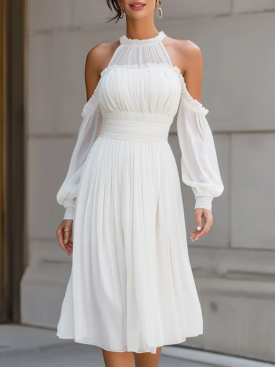 High Neck Pleated Cold-Shoulder Chiffon Midi Dress sold by Mooyius