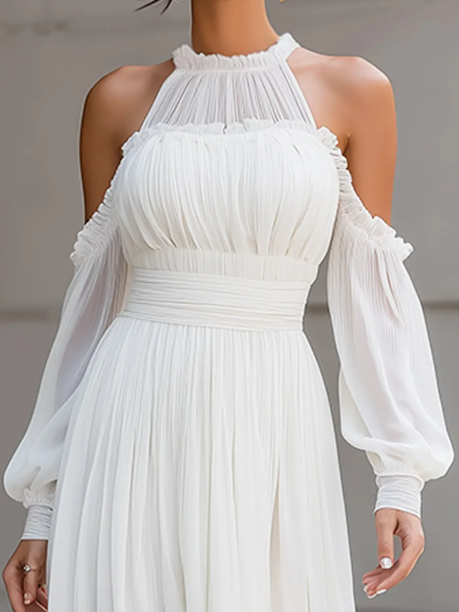 High Neck Pleated Cold-Shoulder Chiffon Midi Dress sold by Mooyius product image thumbnail 2