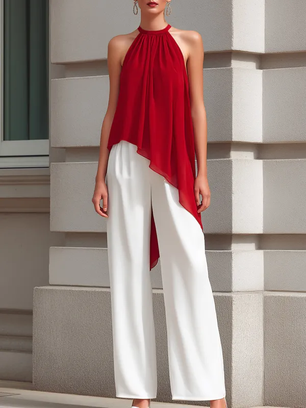 Halter Neck Asymmetric Draped Top And Wide-Leg Pants Set made by Mooyius