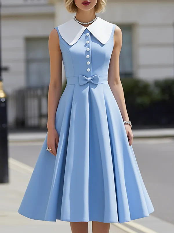 Contrast Collar Button-Front Pleated A-Line Midi Dress made by Mooyius