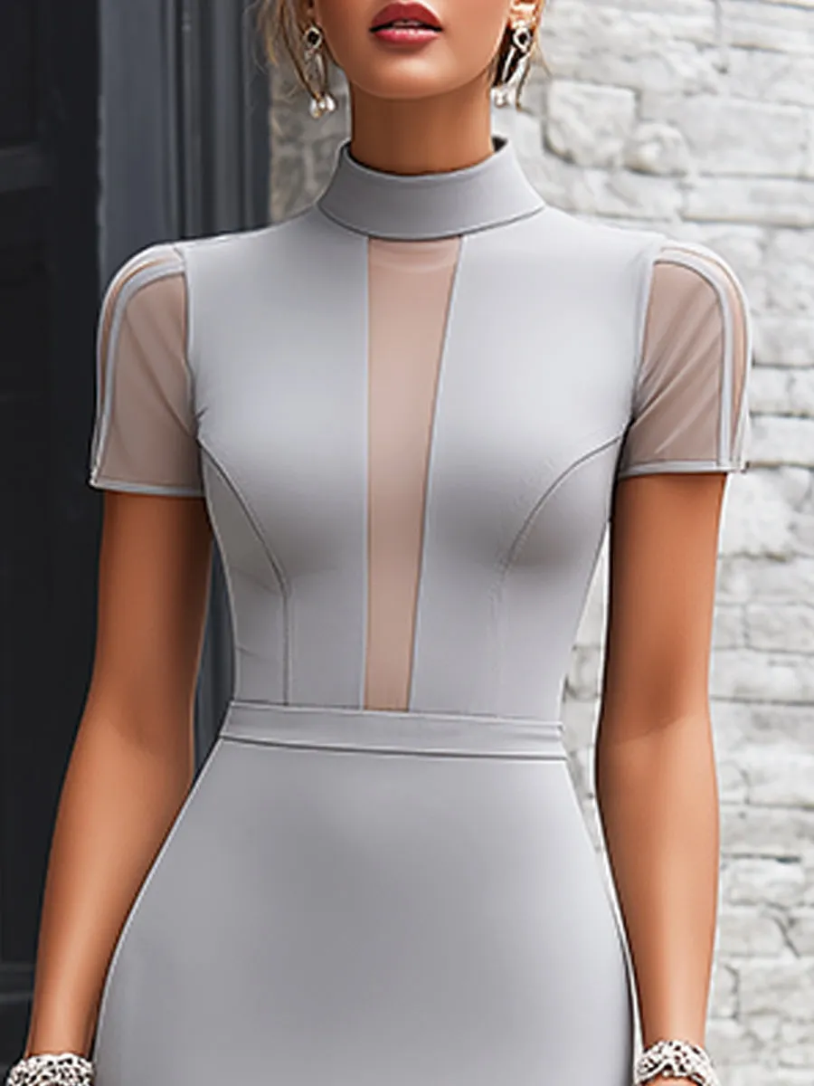 High Neck Sheer Panel Sculpted Pencil Midi Dress sold by Mooyius product image thumbnail 2