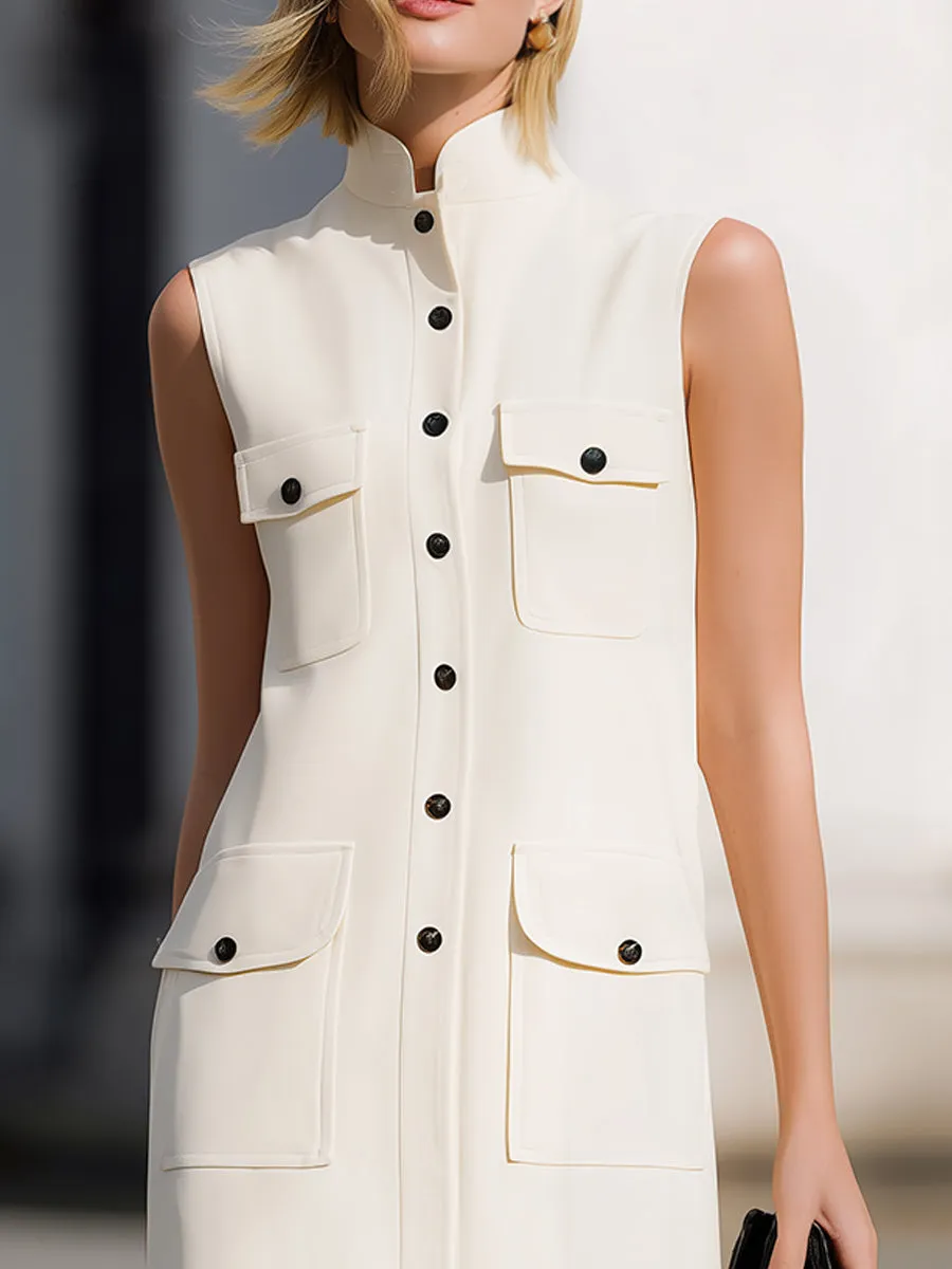 Sleeveless Stand Collar Button Down Utility Pocket Shift Mini Dress sold by Mooyius product image thumbnail 2
