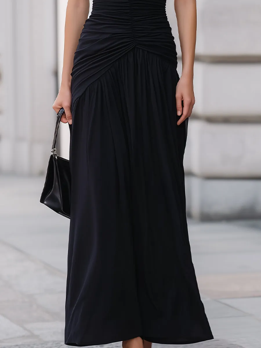 Black One Shoulder Ruched Waist Flowy Maxi Dress sold by Mooyius product image thumbnail 3