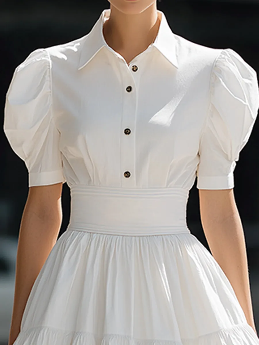 Puff Sleeve Button-Front Tiered A-Line Mini Dress sold by Mooyius product image thumbnail 3