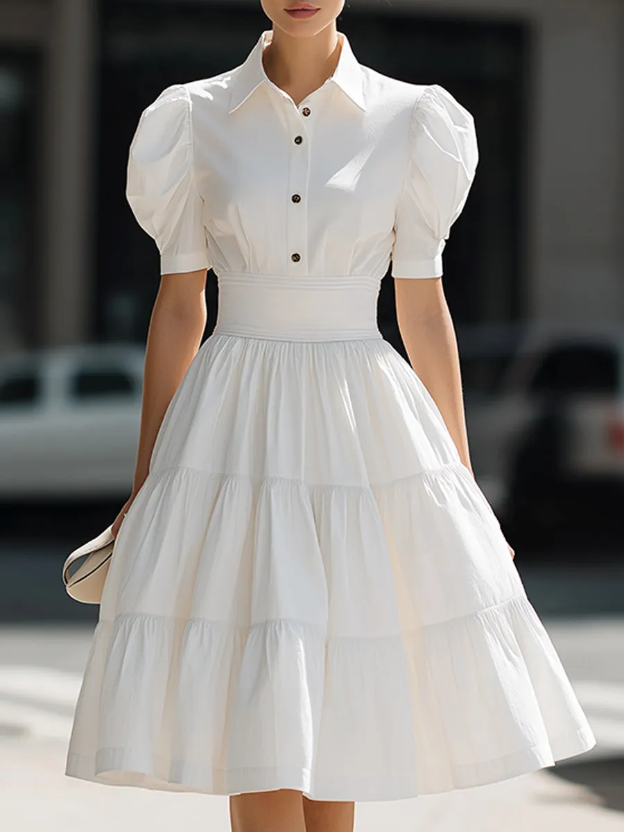 Puff Sleeve Button-Front Tiered A-Line Mini Dress sold by Mooyius