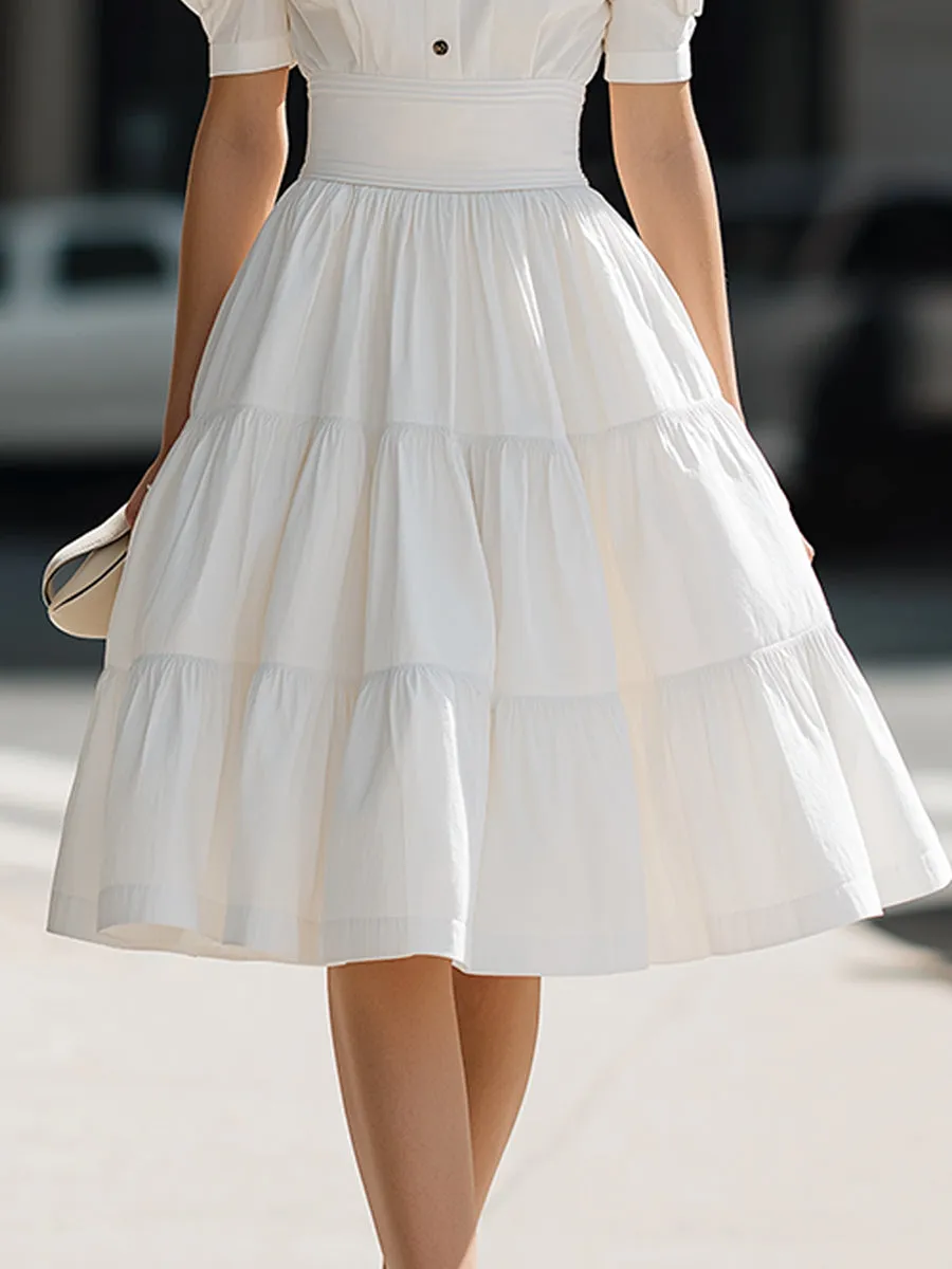 Puff Sleeve Button-Front Tiered A-Line Mini Dress sold by Mooyius product image thumbnail 4