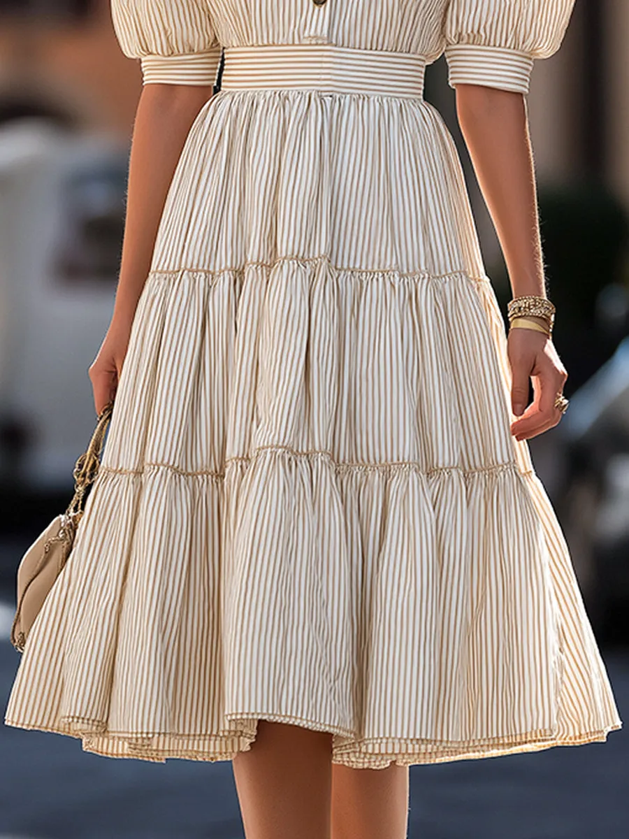 Striped Puff Sleeve Tiered A-Line Mini Dress sold by Mooyius product image thumbnail 4