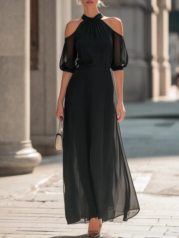 Off-Shoulder Halterneck Sheer Layered Dress made by Mooyius