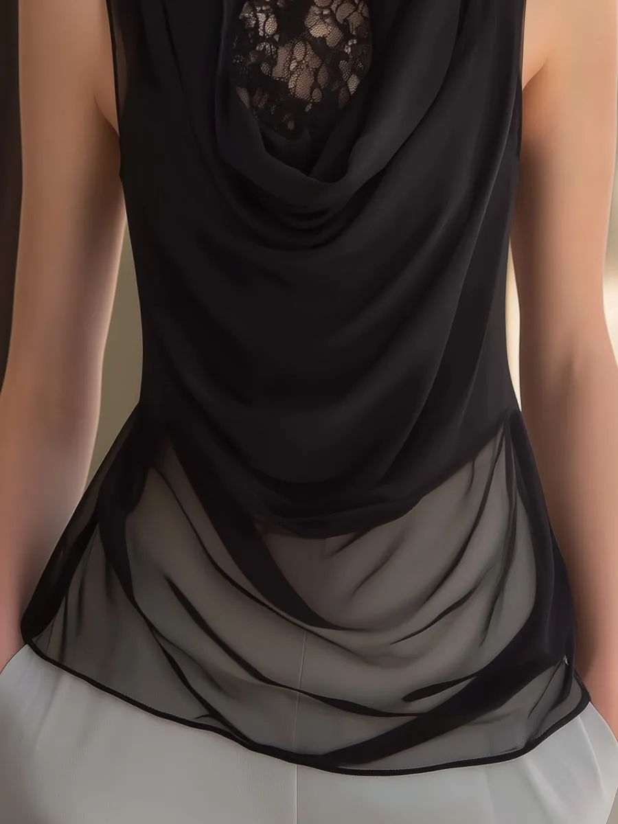 Sheer Layered Lace Panel Draped Sleeveless Blouse sold by Mooyius product image thumbnail 3