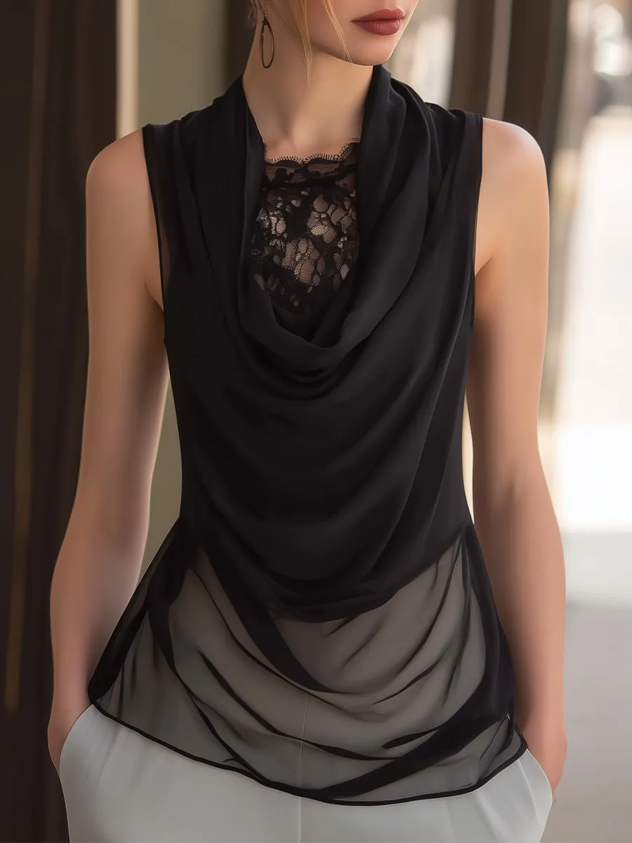 Sheer Layered Lace Panel Draped Sleeveless Blouse sold by Mooyius