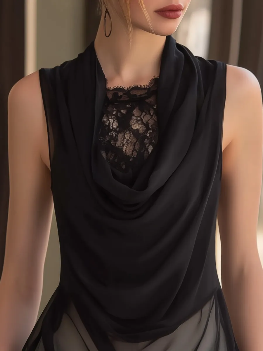 Sheer Layered Lace Panel Draped Sleeveless Blouse sold by Mooyius product image thumbnail 2