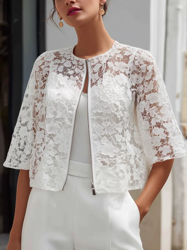 Floral Lace Zip-Front Cropped Overlay Jacket made by Mooyius