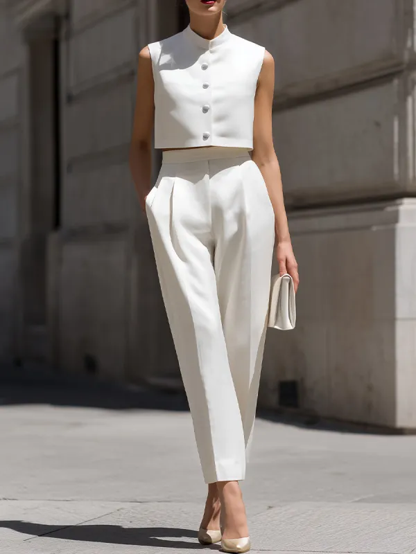 Sleeveless Stand Collar Button Down Crop Top & High Waist Pleated Tapered Pants made by Something Navy