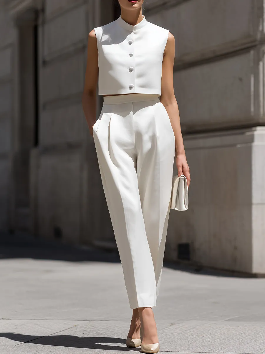 Sleeveless Stand Collar Button Down Crop Top & High Waist Pleated Tapered Pants sold by Mooyius