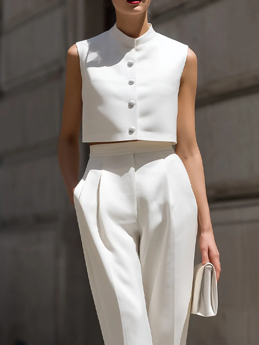 Sleeveless Stand Collar Button Down Crop Top & High Waist Pleated Tapered Pants sold by Mooyius product image thumbnail 2
