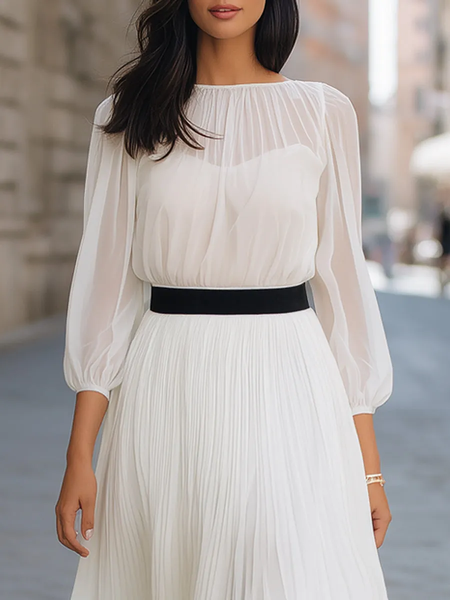 Sheer Pleated Waist Contrast Belt Flowing Maxi Dress sold by Mooyius product image thumbnail 2