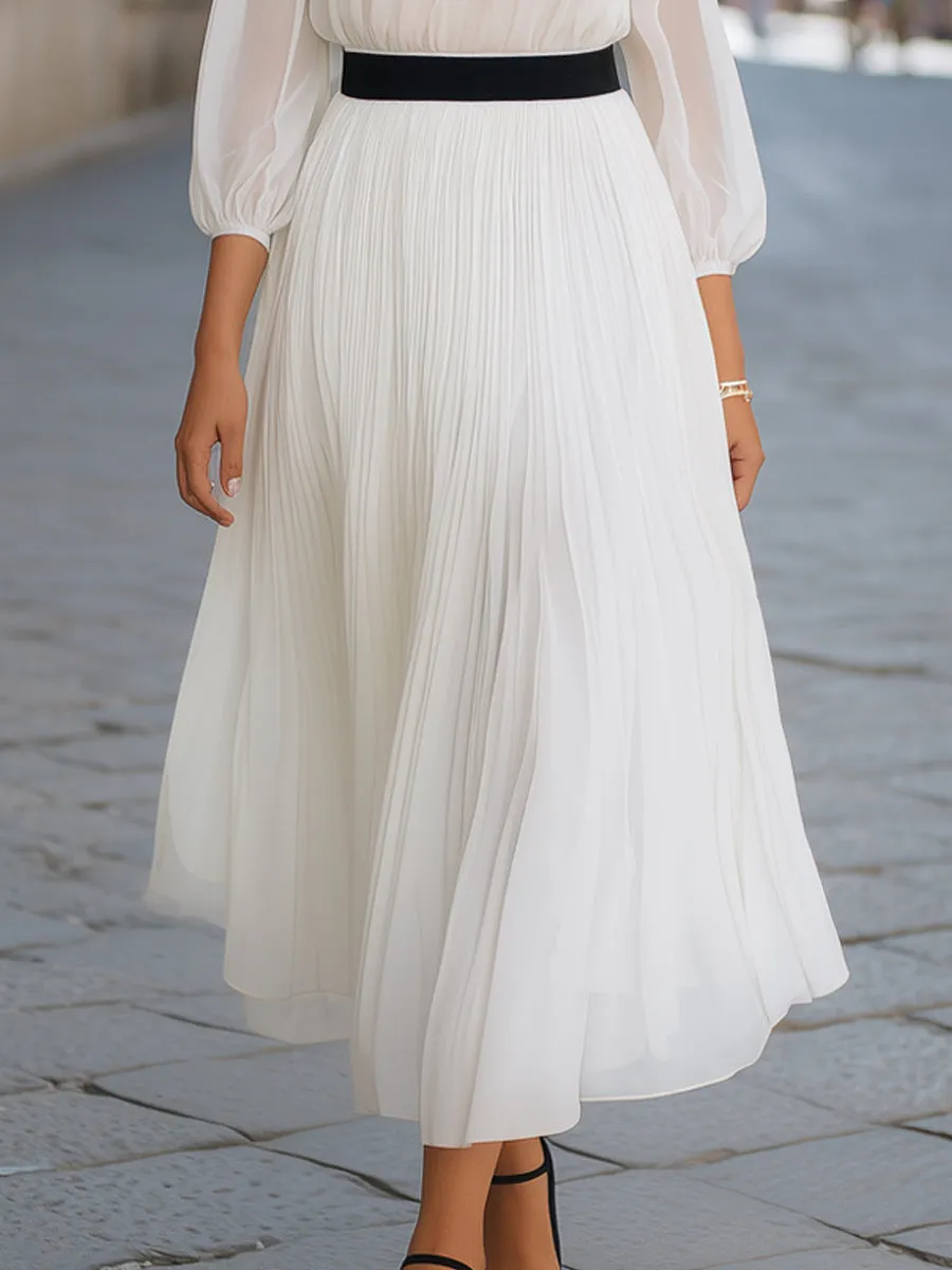 Sheer Pleated Waist Contrast Belt Flowing Maxi Dress sold by Mooyius product image thumbnail 3