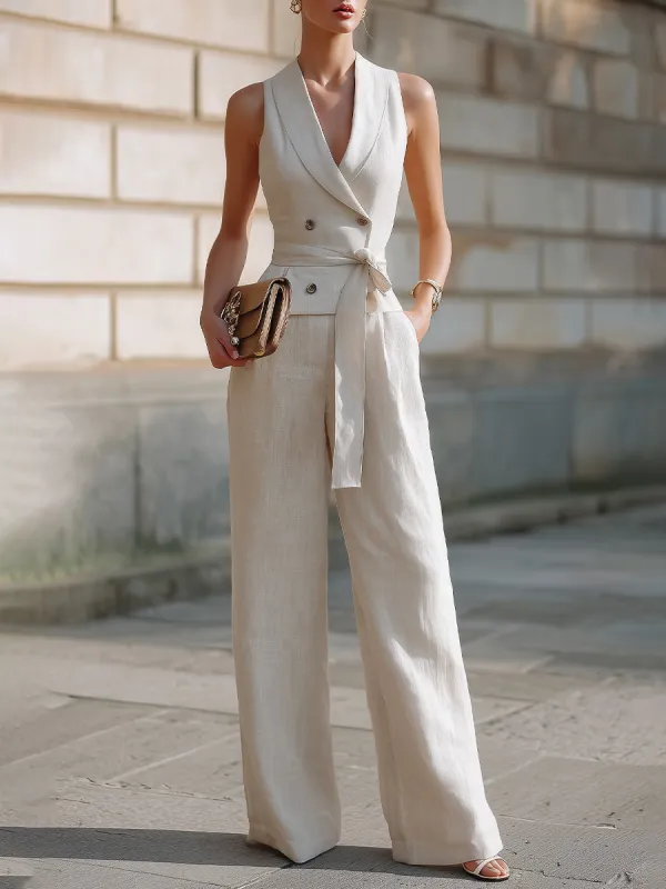 Double-Breasted Shawl Collar Belted Vest And Wide-Leg Pants Set made by Mooyius