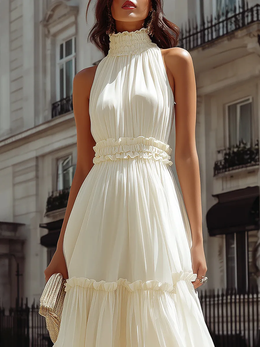 High Neck Ruffle Trim Tiered A-Line MaxiDress sold by Mooyius product image thumbnail 3