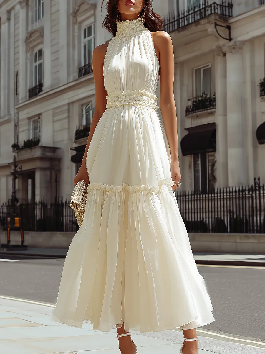 High Neck Ruffle Trim Tiered A-Line MaxiDress sold by Mooyius
