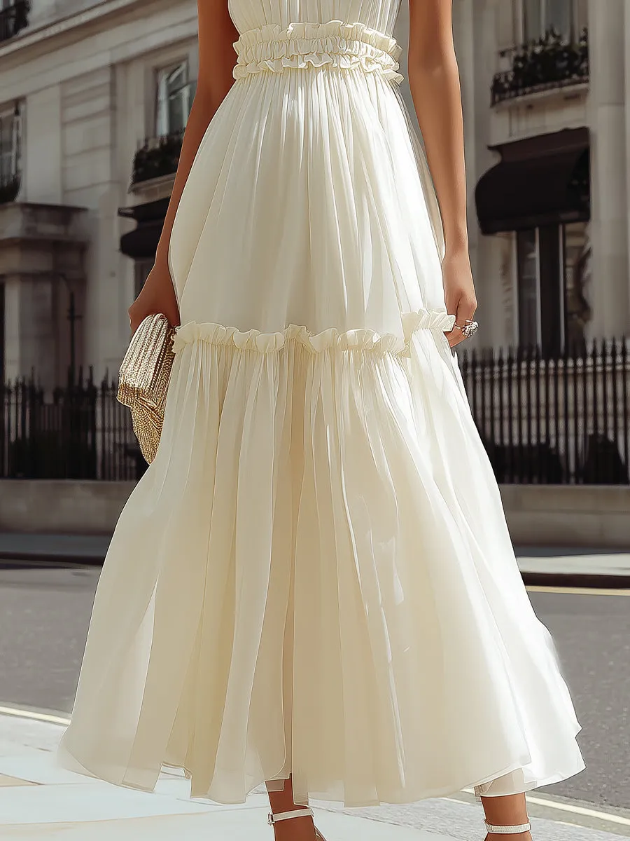 High Neck Ruffle Trim Tiered A-Line MaxiDress sold by Mooyius product image thumbnail 4