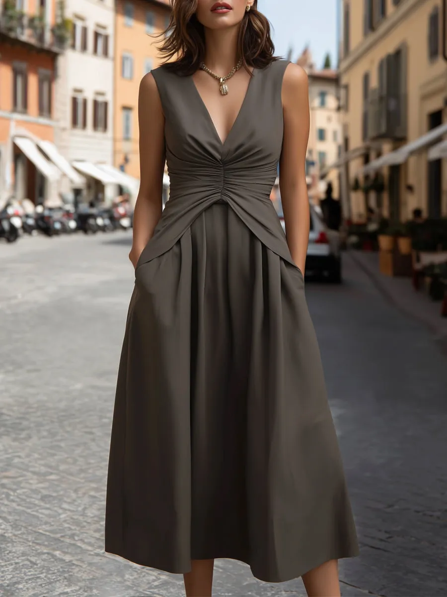 Ruched V-Neck Sleeveless A-Line Midi Dress sold by Mooyius