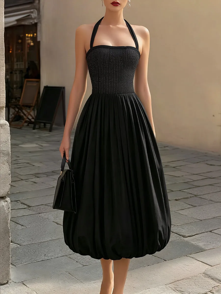 Halter Neck Textured Bodice Bubble Hem Midi Dress sold by Mooyius