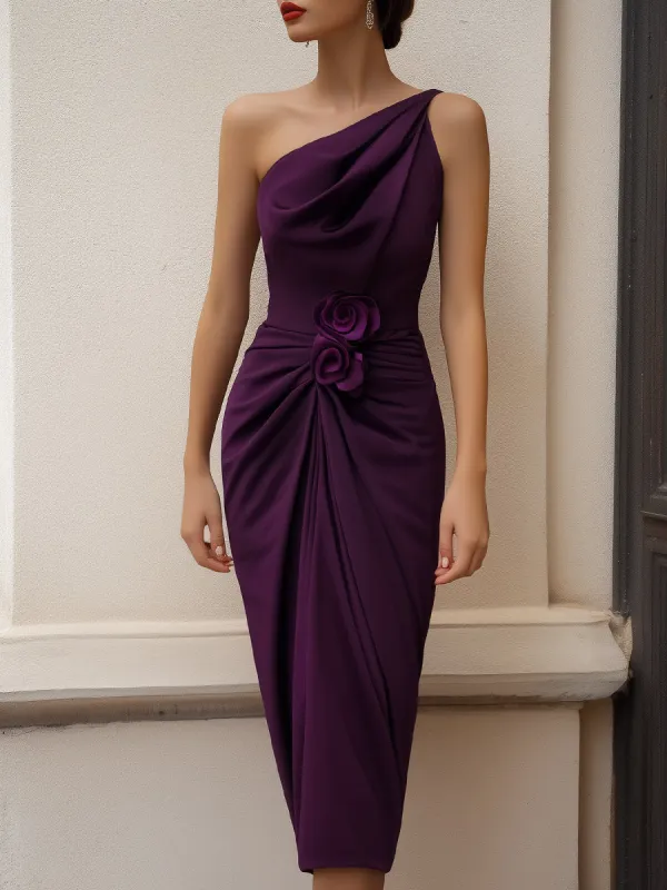 One-Shoulder Draped Floral Accent Midi Dress made by Mooyius