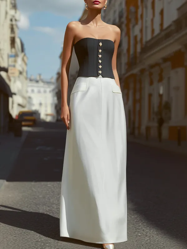 Strapless Buttoned Corset Top And High-Waisted Maxi Skirt Set made by Mooyius