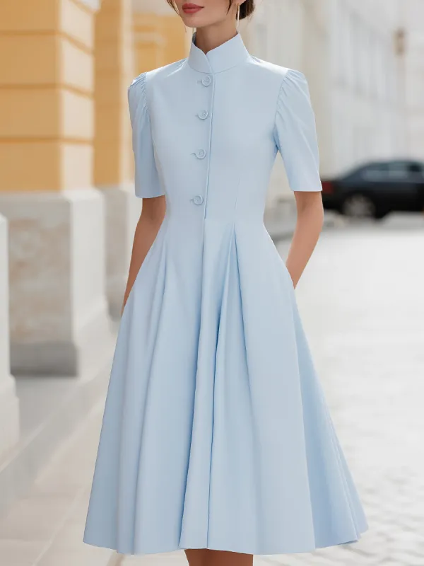 Stand Collar Button-Front Pleated A-Line Midi Dress made by Mooyius