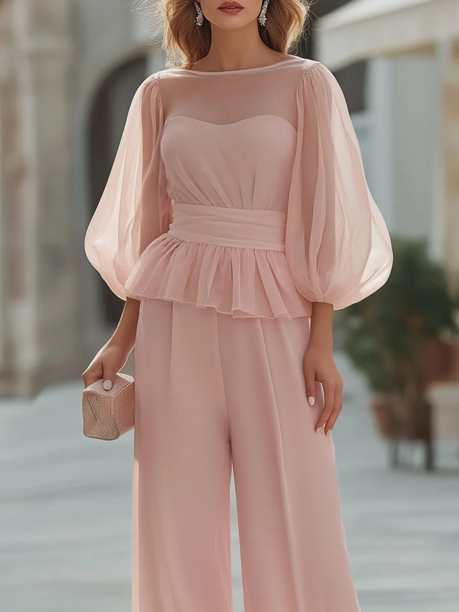 Sheer Sleeve Peplum Top And Wide-Leg Pants Set sold by Mooyius product image thumbnail 2