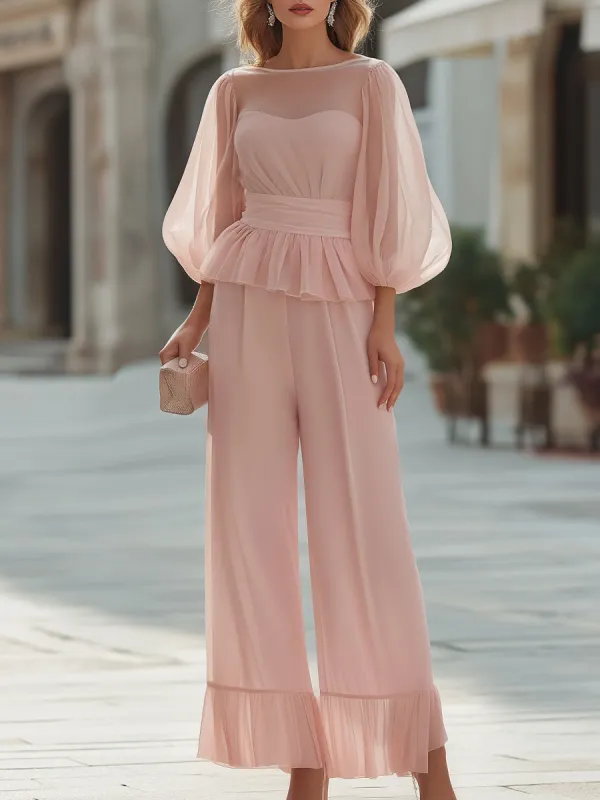 Sheer Sleeve Peplum Top And Wide-Leg Pants Set made by Mooyius