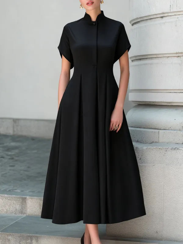 Stand Collar Pleated A-Line Maxi Dress made by Mooyius