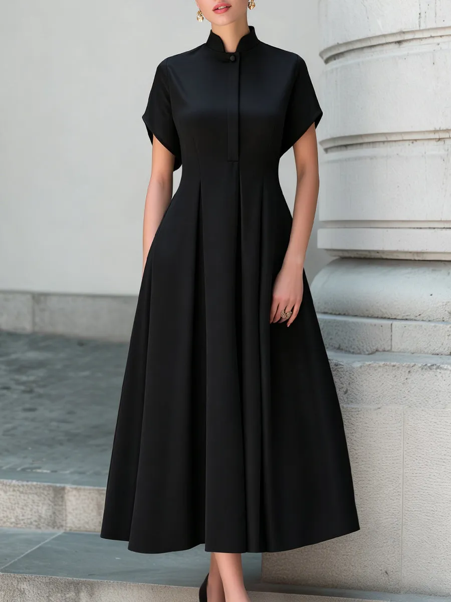Stand Collar Pleated A-Line Maxi Dress sold by Mooyius