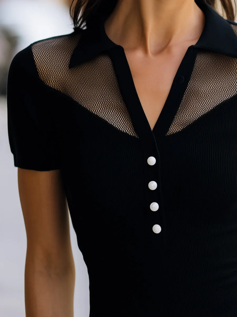 Mesh Panel Polo Neck Ribbed Knit Top With White Pearl Buttons sold by Mooyius product image thumbnail 3