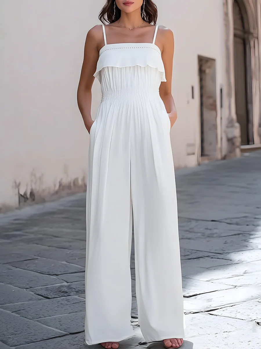 Pleated Wide-Leg Camisole Jumpsuit With Decorative Chest Trim sold by Mooyius