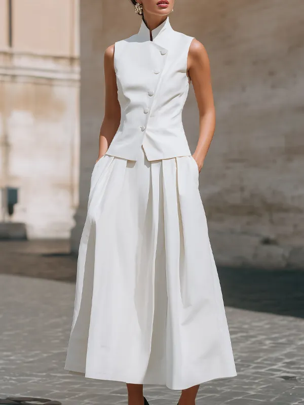 Structured Mandarin Collar Buttoned Vest & Pleated Midi Skirt Set made by Mooyius