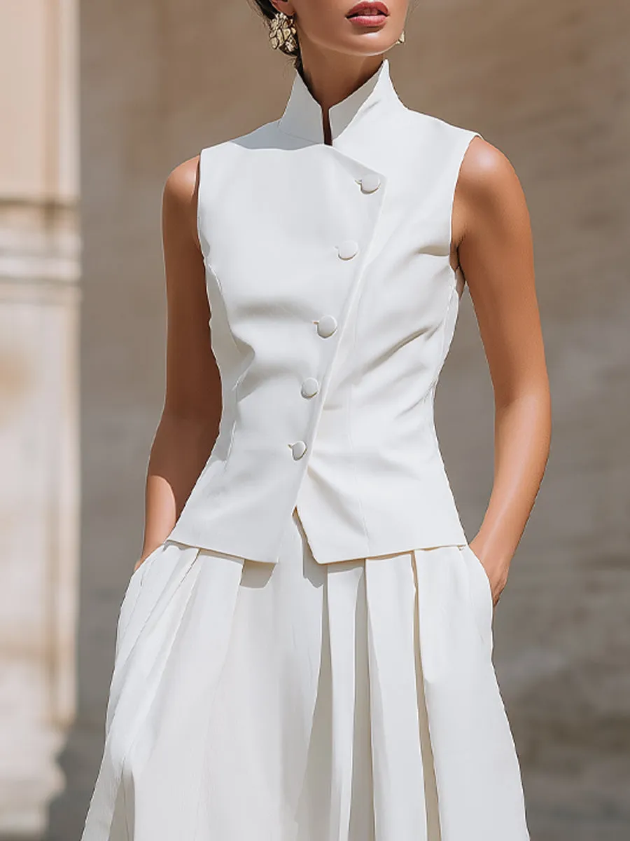Structured Mandarin Collar Buttoned Vest & Pleated Midi Skirt Set sold by Mooyius product image thumbnail 2