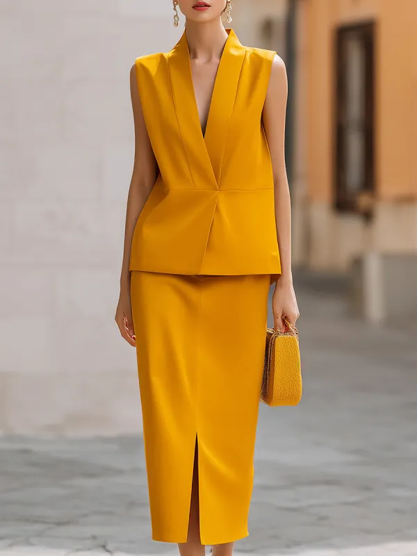 Stand Collar V-Neck Sleeveless Vest & Slit Midi Skirt Two-Piece Set made by Mooyius