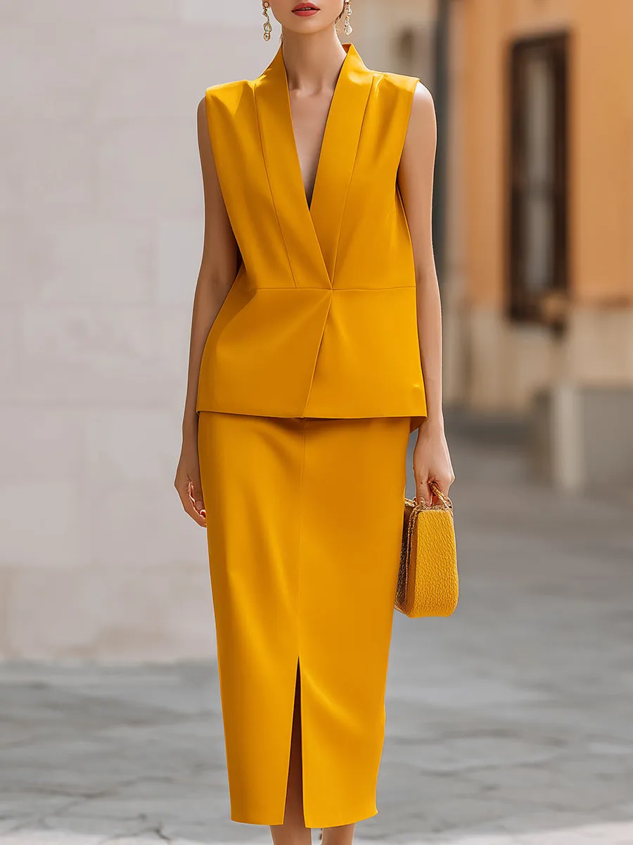 Stand Collar V-Neck Sleeveless Vest & Slit Midi Skirt Two-Piece Set sold by Mooyius