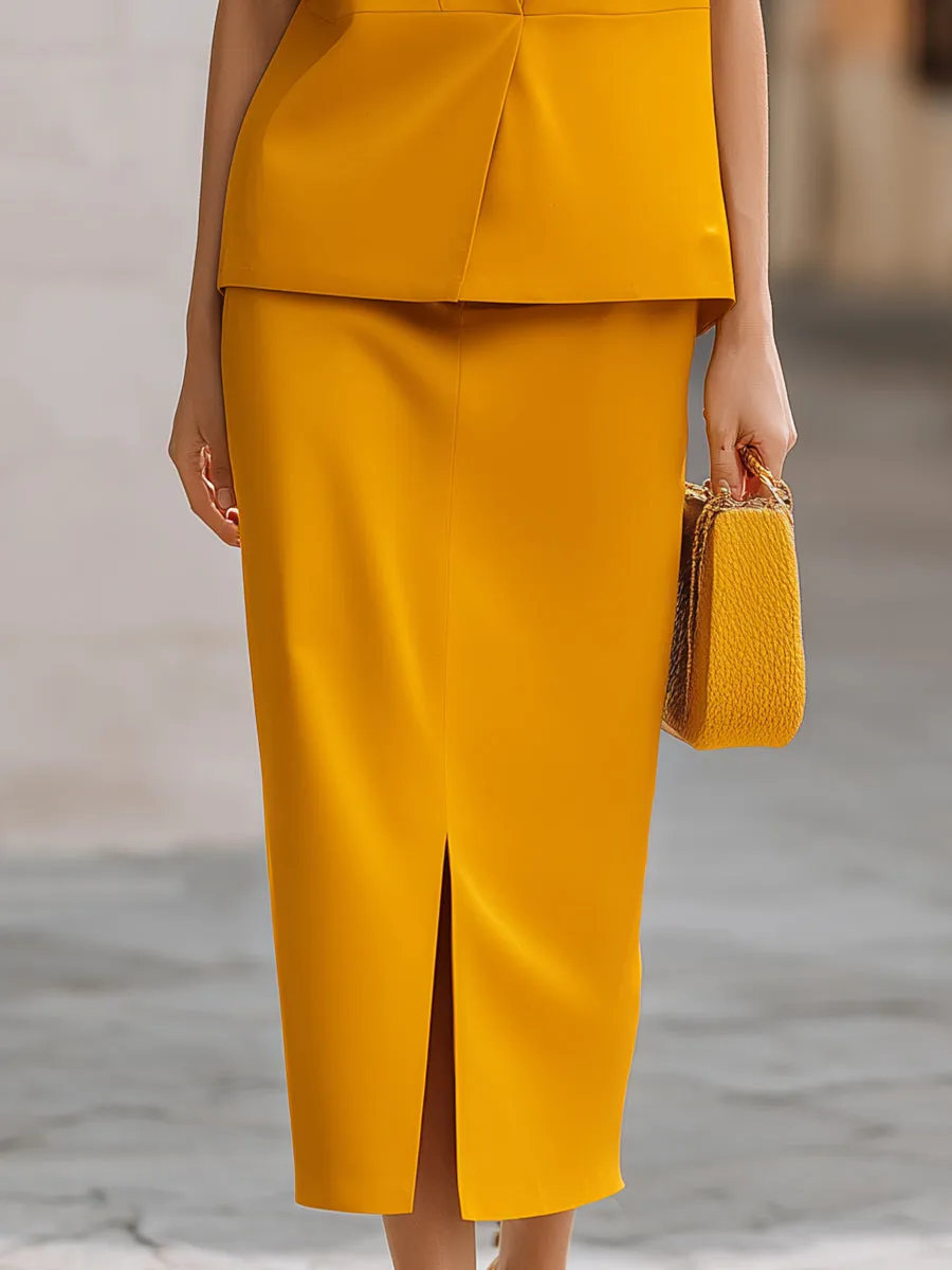 Stand Collar V-Neck Sleeveless Vest & Slit Midi Skirt Two-Piece Set sold by Mooyius product image thumbnail 4