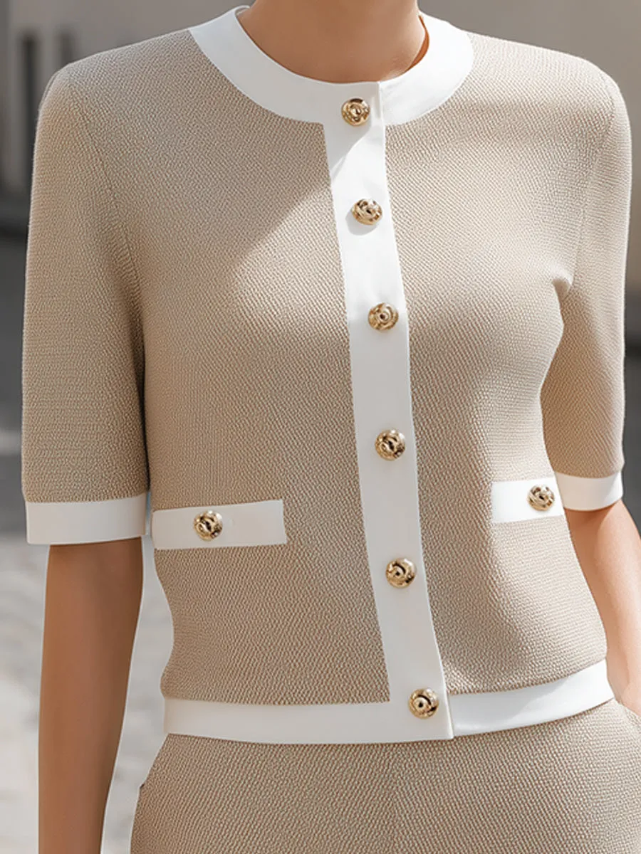Elegant Contrast Trim Gold Button Two-Piece Short Set sold by Mooyius product image thumbnail 3