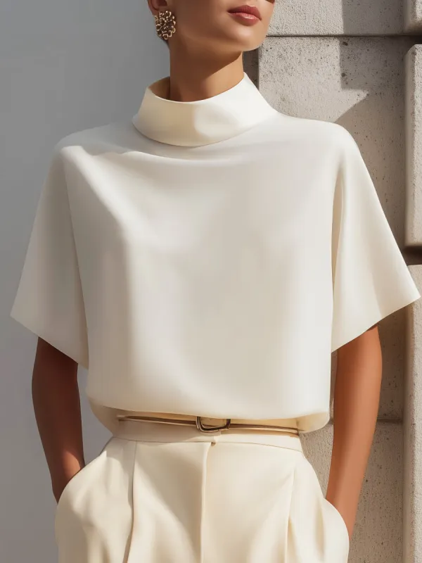 High-Neck Minimalist Draped Blouse Top made by Mooyius