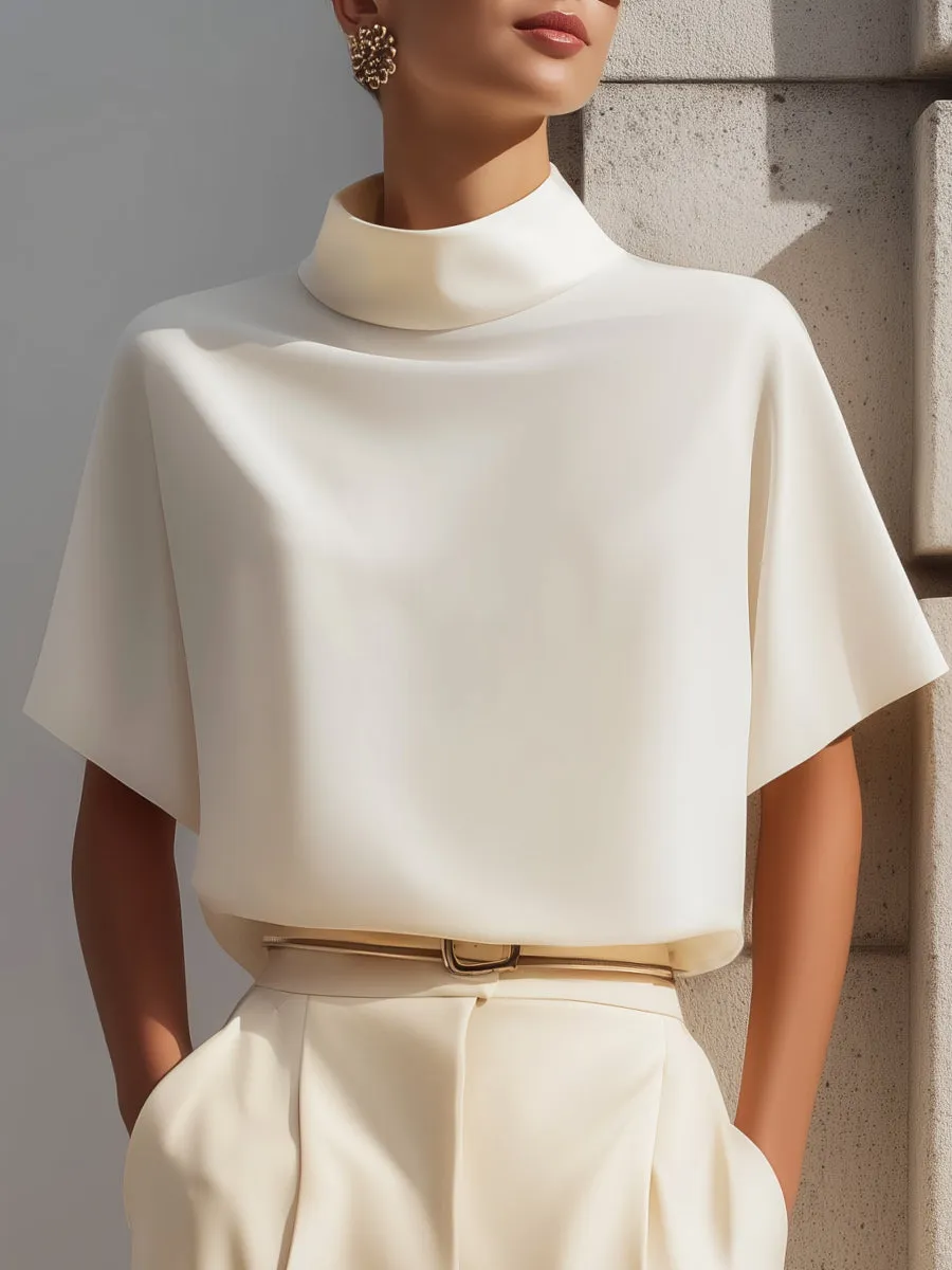 High-Neck Minimalist Draped Blouse Top sold by Mooyius