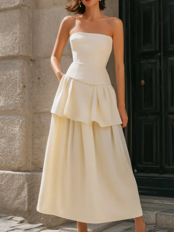 Strapless Tiered Peplum A-Line Midi Dress made by Mooyius