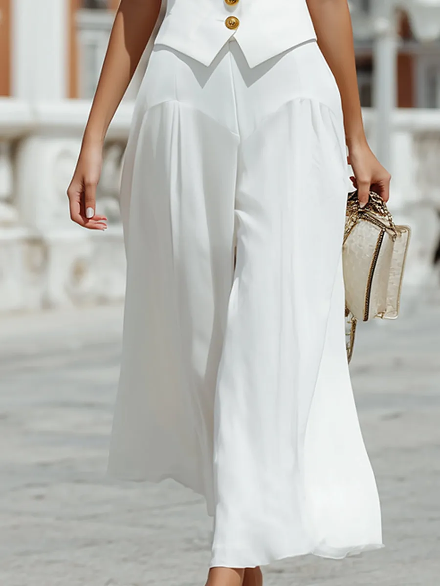 Elegant V-Neck Gold Button Vest & Flowy Wide Leg Pants Two-Piece Set sold by Mooyius product image thumbnail 4