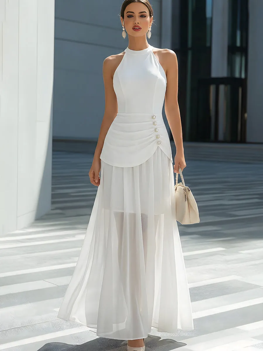 Elegant Halter Neck Ruched Waist Flowy Chiffon Maxi Dress sold by Mooyius product image thumbnail 2